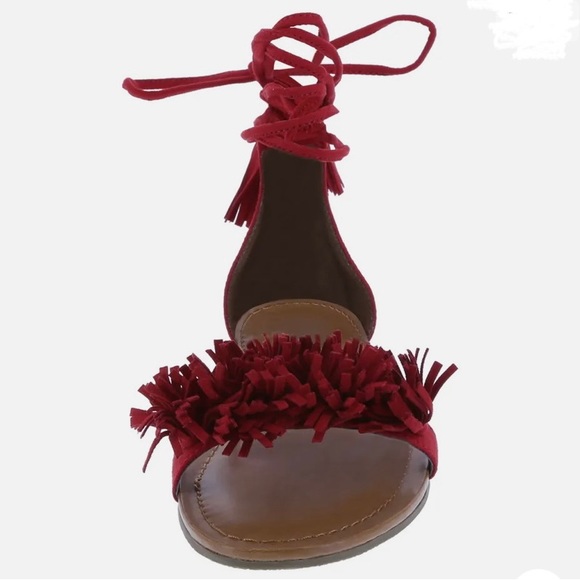 Brash Raspberry Ankle Tie Sandals with Fluffy Faux Suede Strap - Picture 11 of 13